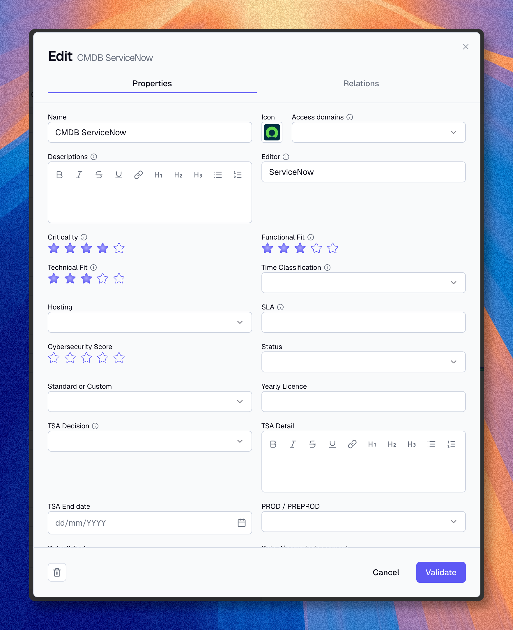 Edit asset modal on the properties tab with rating fields