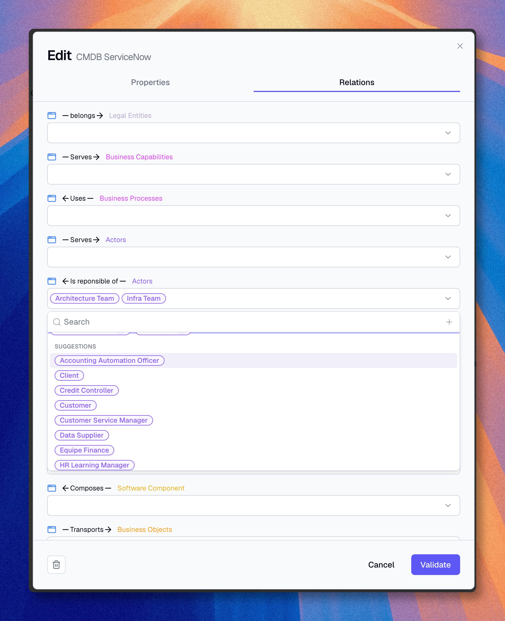 Edit asset modal on the relations tab with suggestion list