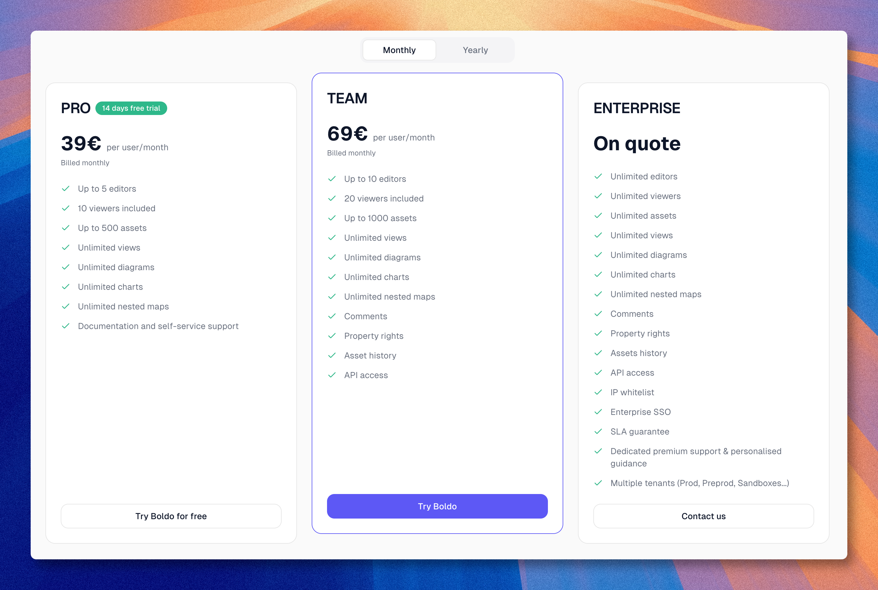 Boldo pricing page with Pro, Team and Enterprise plan cards