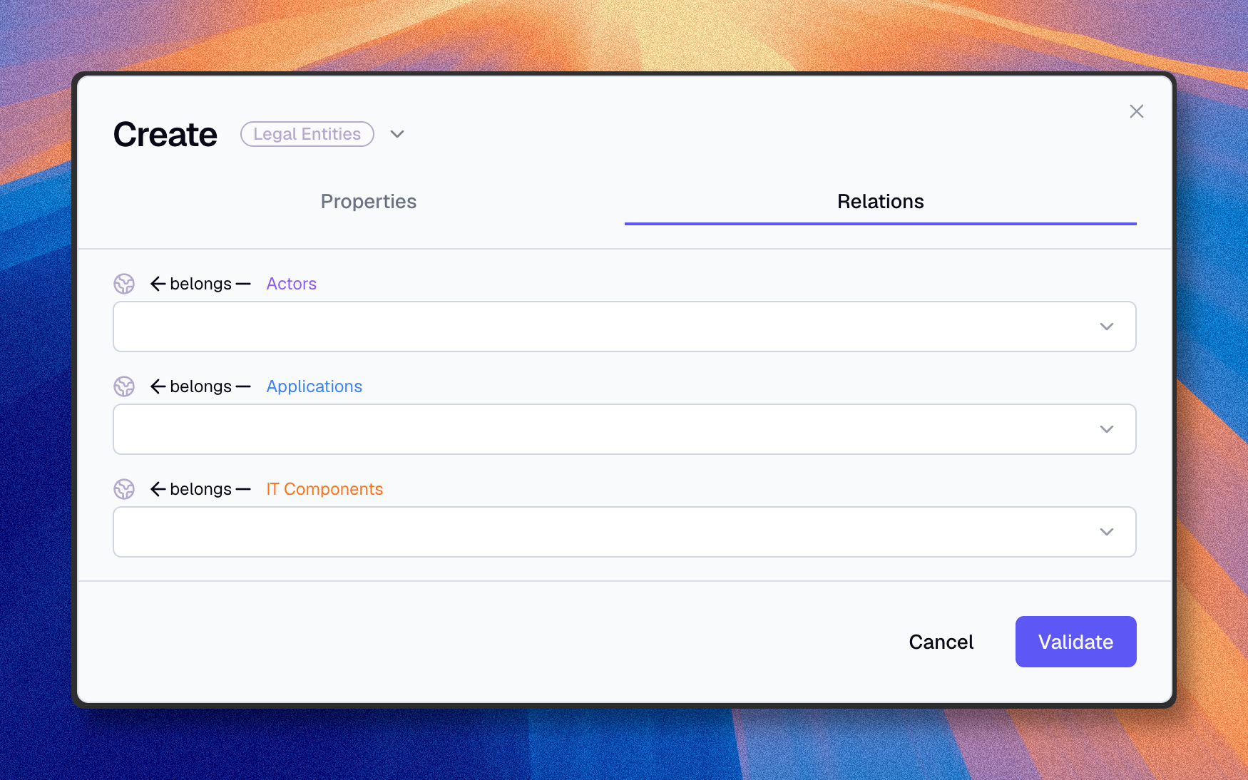 Create asset modal on the relations tab with relation dropdowns