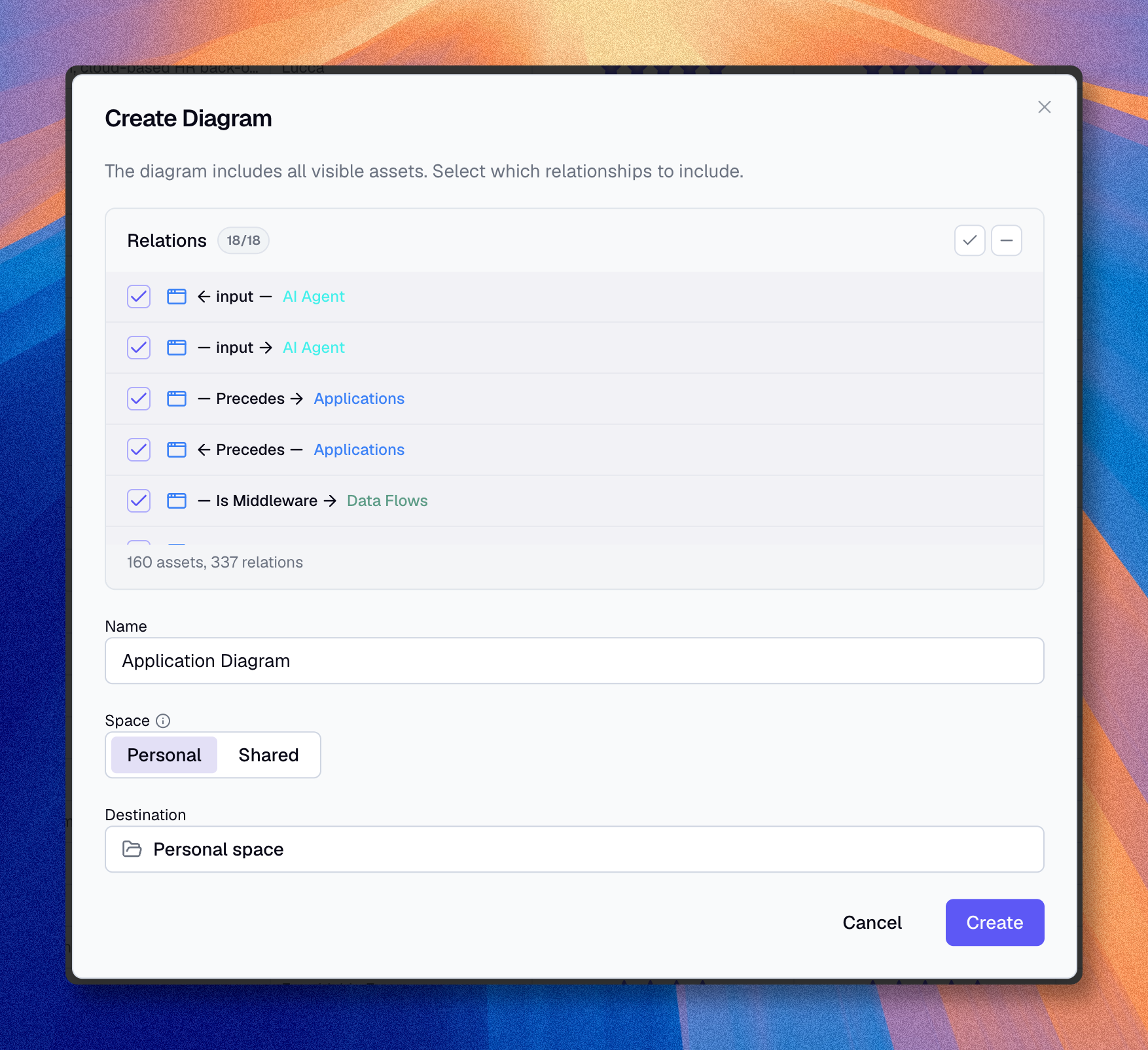 Create diagram modal selecting relations and destination space