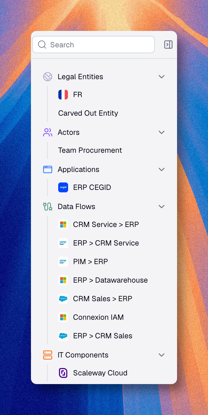 Diagram sidebar listing assets grouped by type