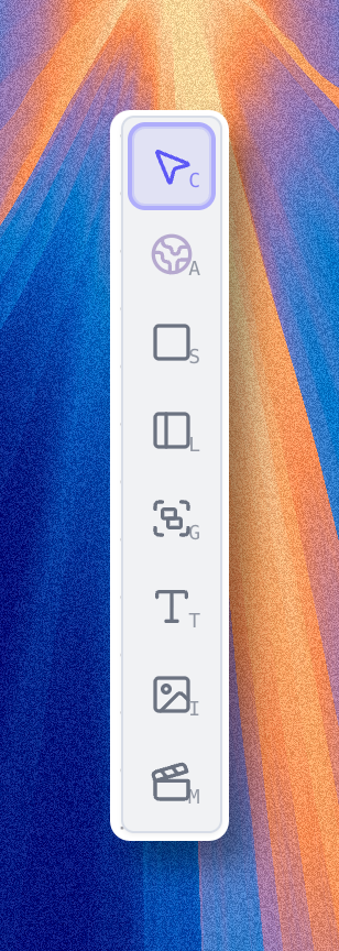 Diagram toolbox with cursor, shapes, text and media tools