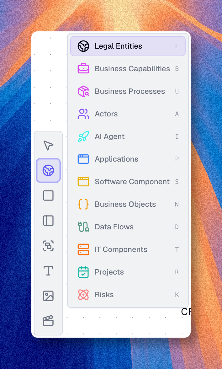 Asset type picker in the diagram toolbox with keyboard shortcuts