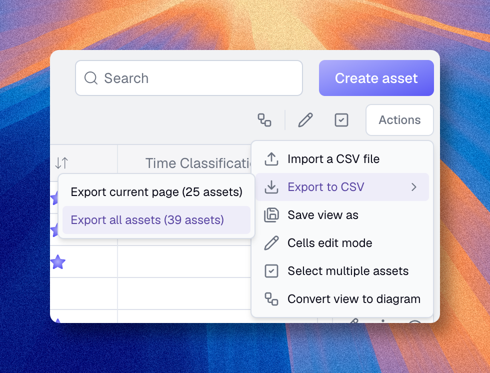 Actions menu with CSV export and save view options