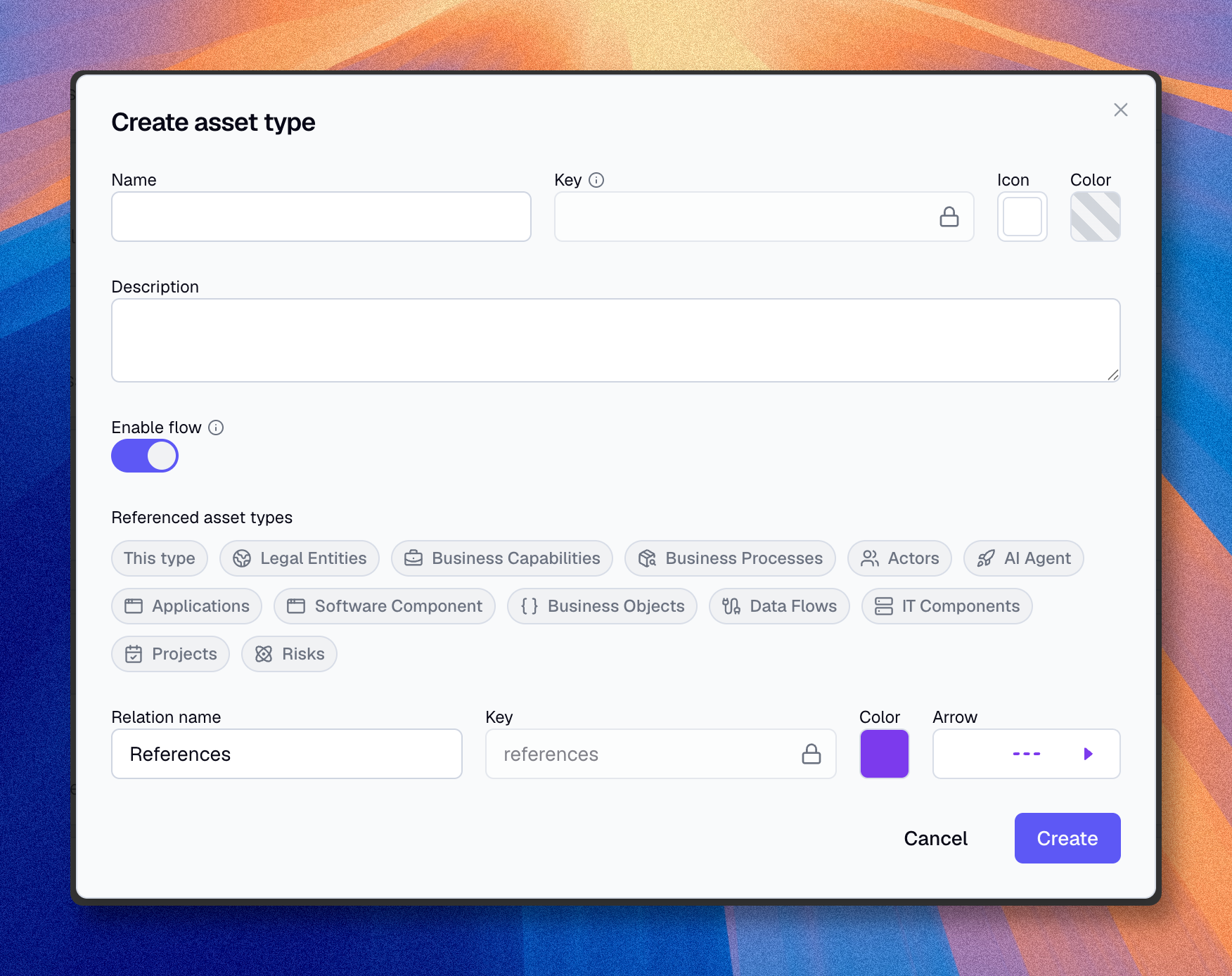 Create asset type modal with icon, color and relation fields