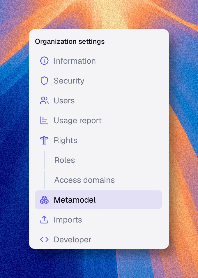 Organization settings menu listing all governance sections