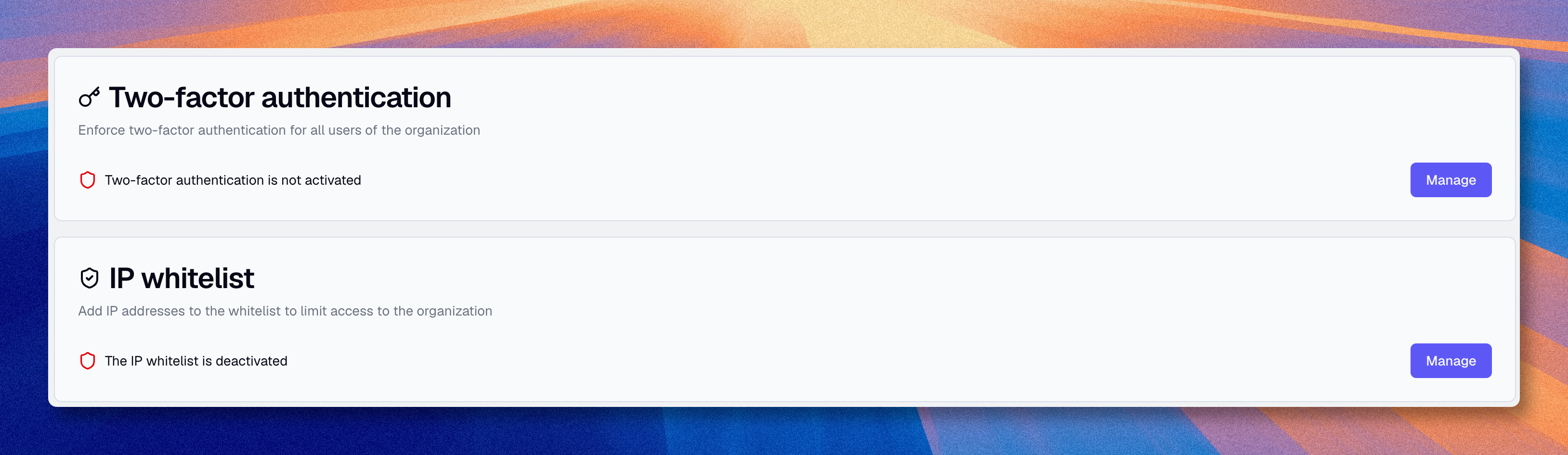 Security settings with two-factor authentication and IP whitelist