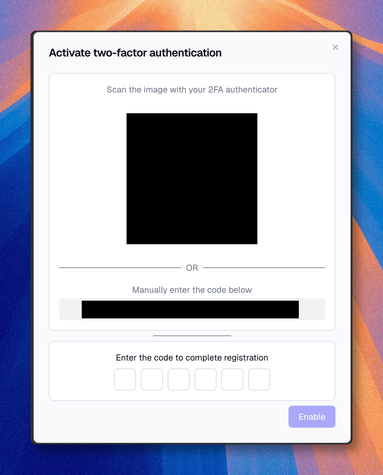 Modale d’activation de la double authentification avec QR code