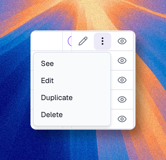 Menu contextuel d’un actif avec voir, éditer, dupliquer et supprimer