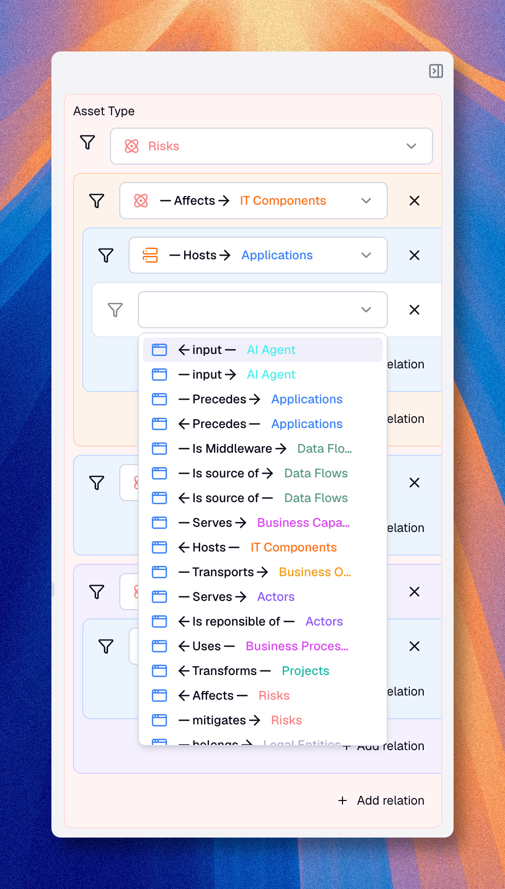 Panneau de configuration d’une carte imbriquée avec relations à explorer
