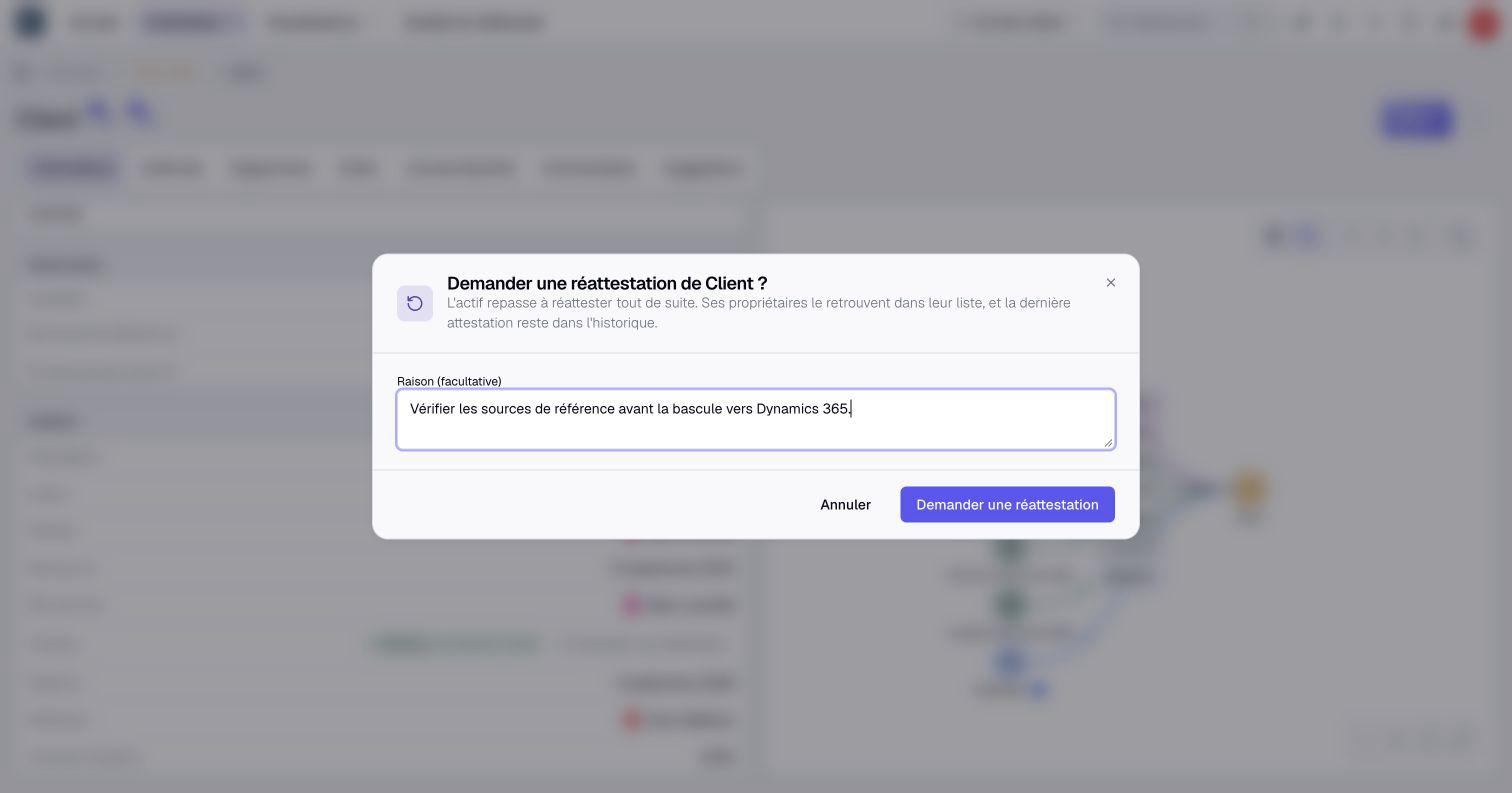 Préciser le motif de la réattestation avant de confirmer la demande.