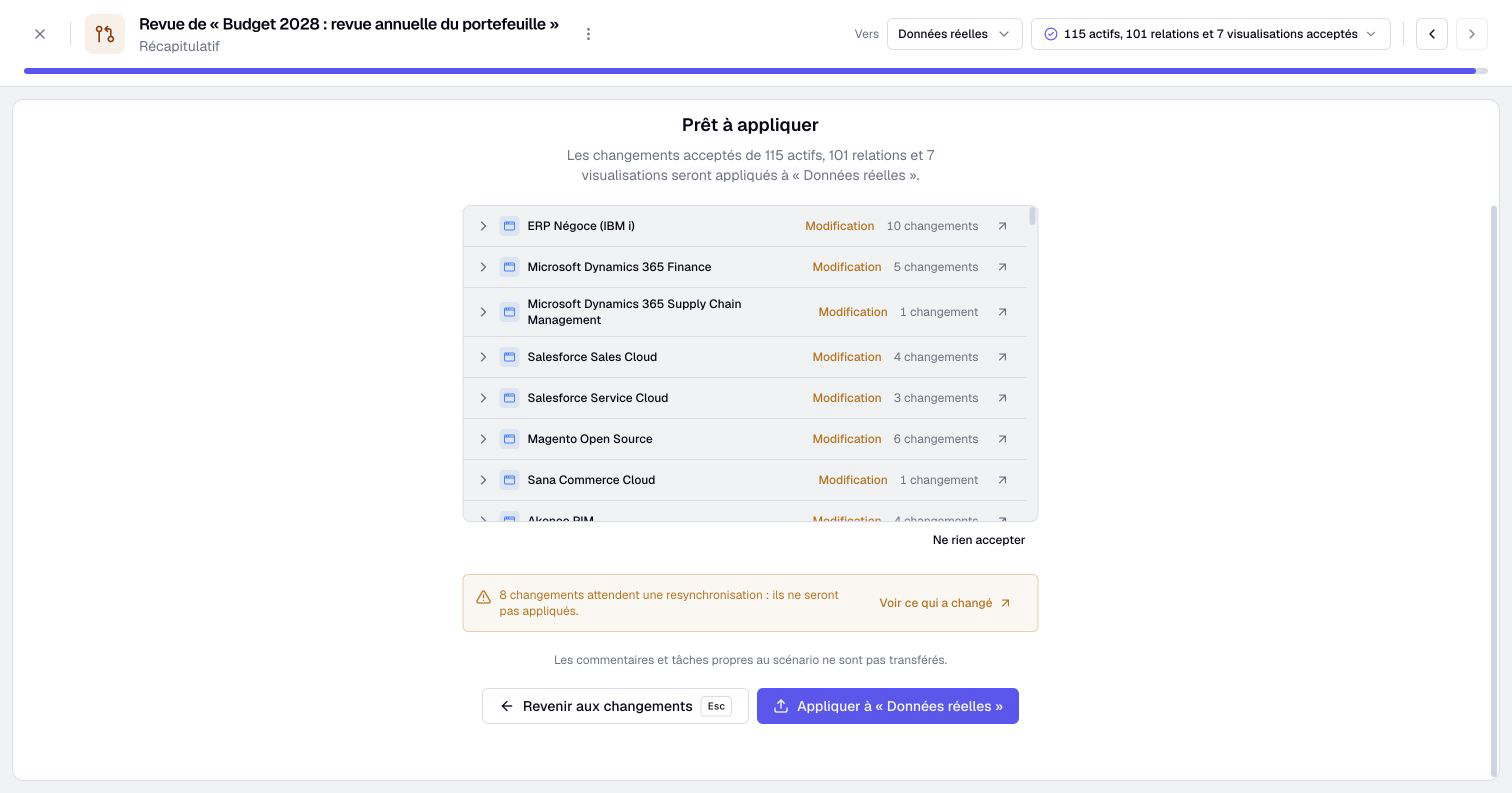 Le récapitulatif sépare les changements prêts à appliquer et ceux qui attendent une resynchronisation.