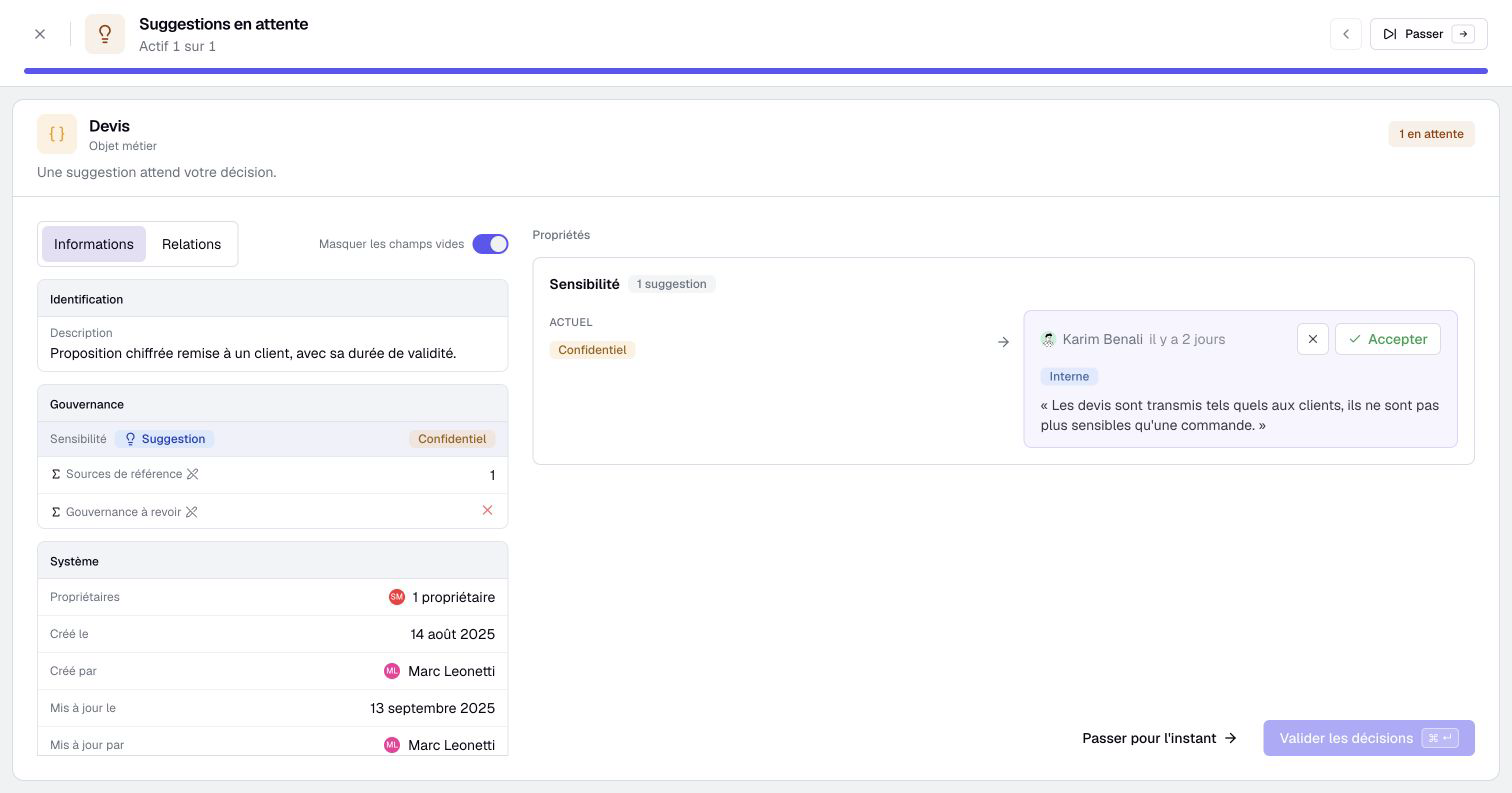Comparer la valeur actuelle et la suggestion avant de décider.