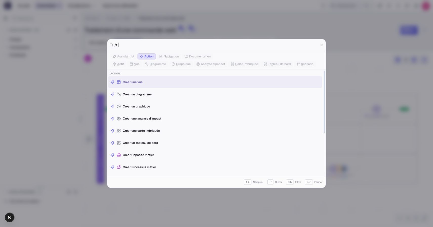 Search filters, available actions and keyboard controls.