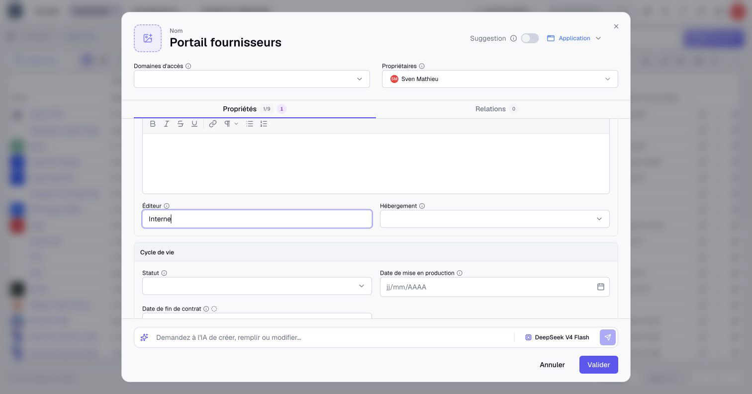 The creation form and its AI bar, before validation.