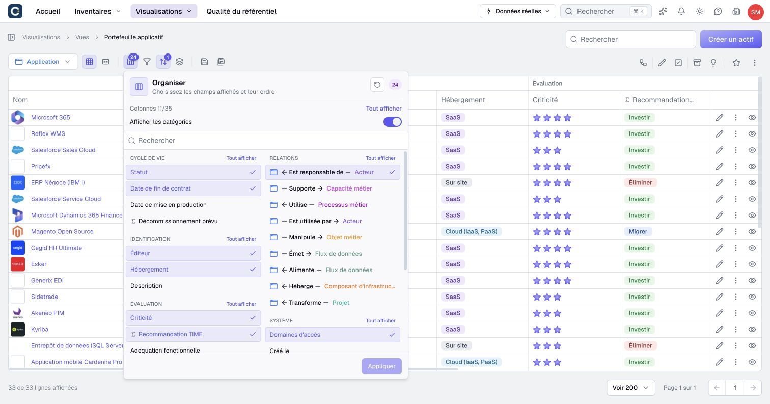Organize: search, column order and optional property categories.