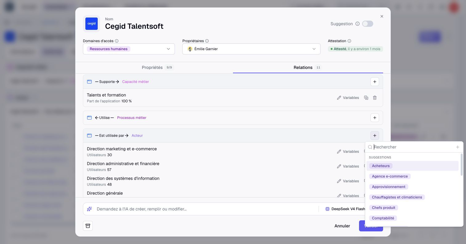 The + of a relationship type: search for an asset or pick one from the list.