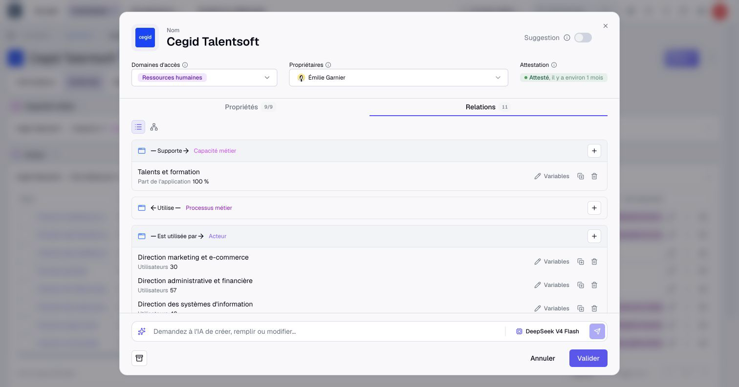The Relationships tab: links grouped by type, with the information of each relationship.