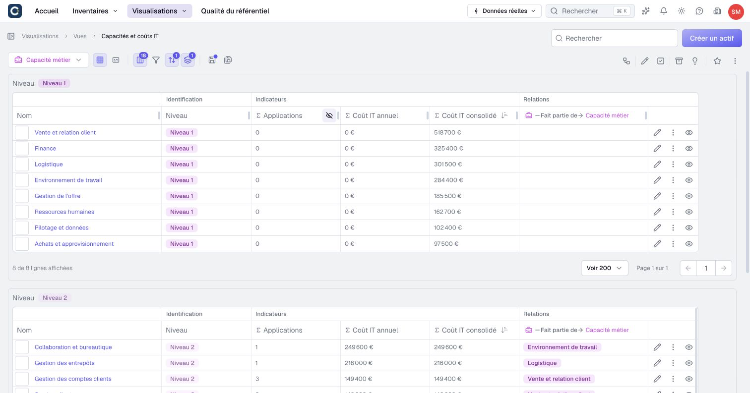The Σ columns calculate application counts and IT costs from the repository. They cannot be edited by hand.
