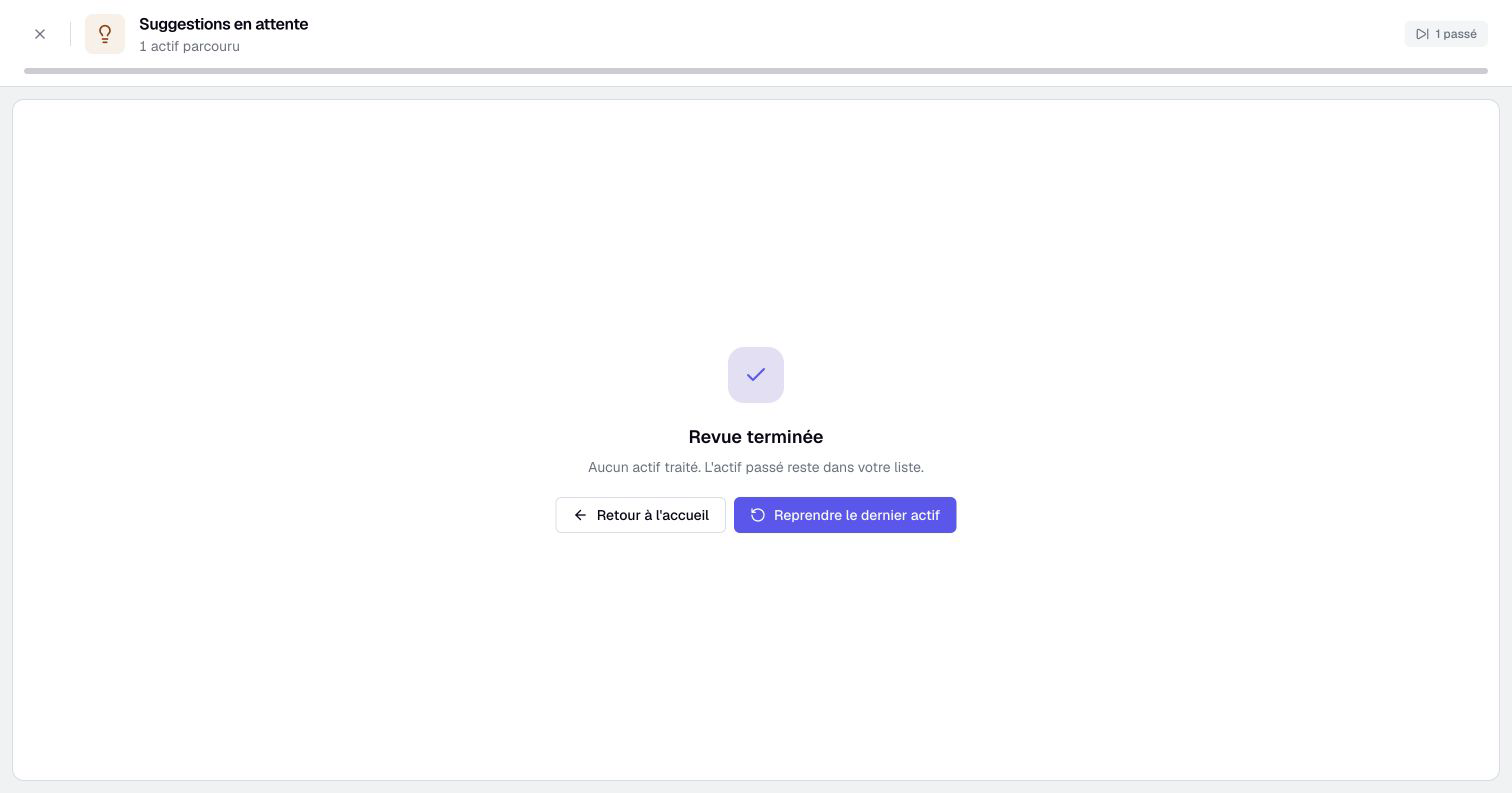 At the end of the review, the skipped asset remains available through the resume button.