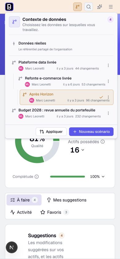 Select real data or a scenario from the context icon, beside search.