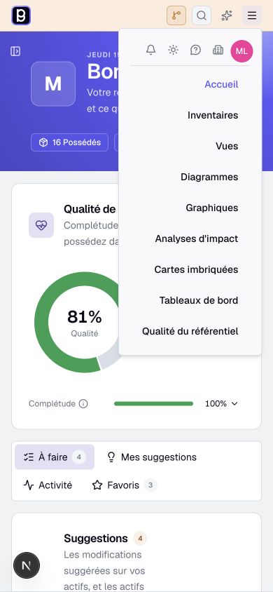 Mobile navigation and account controls, with the data context selector in the top bar.
