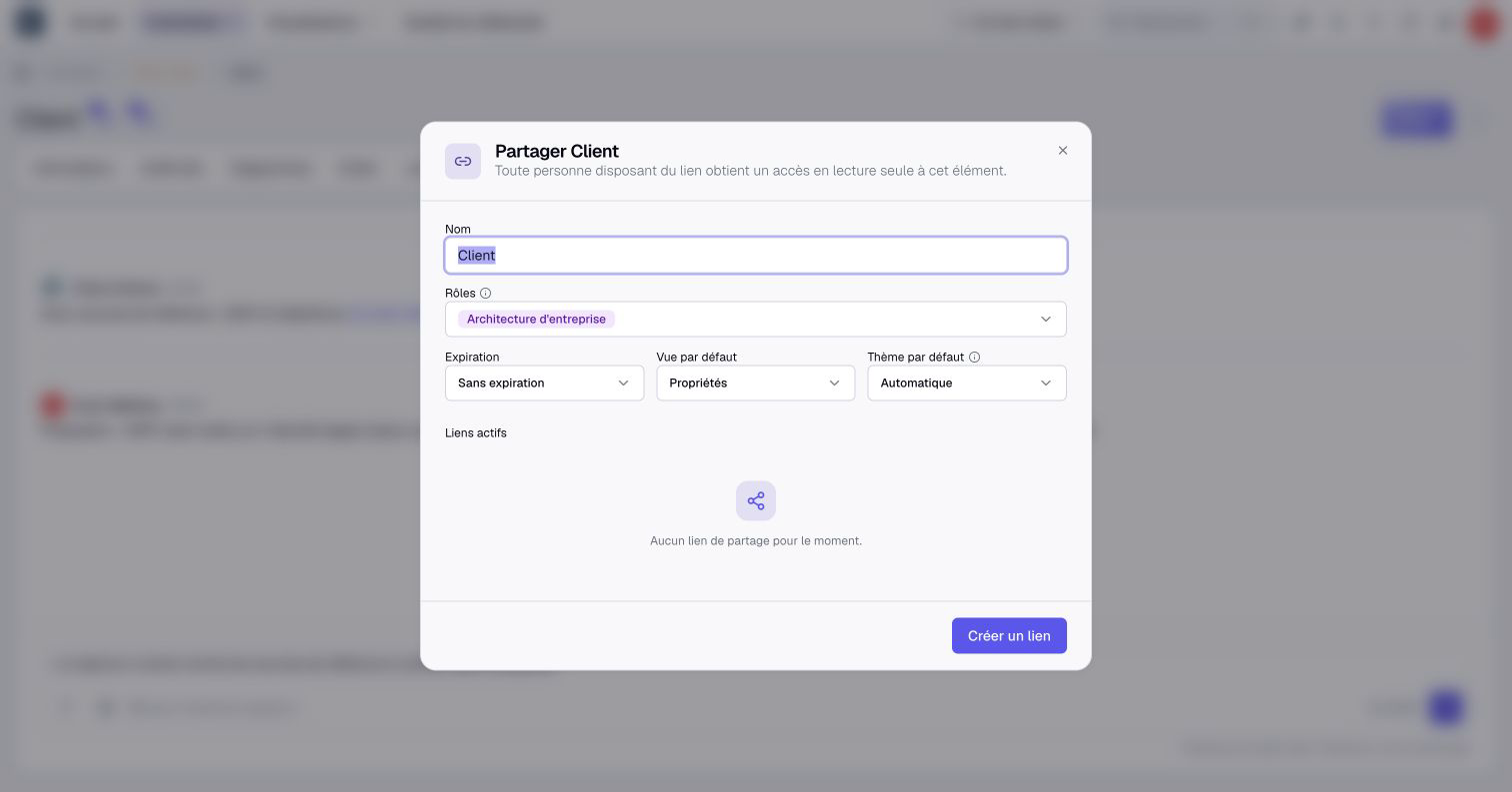 The sharing dialog offers roles, expiration, view and theme before creating a link.