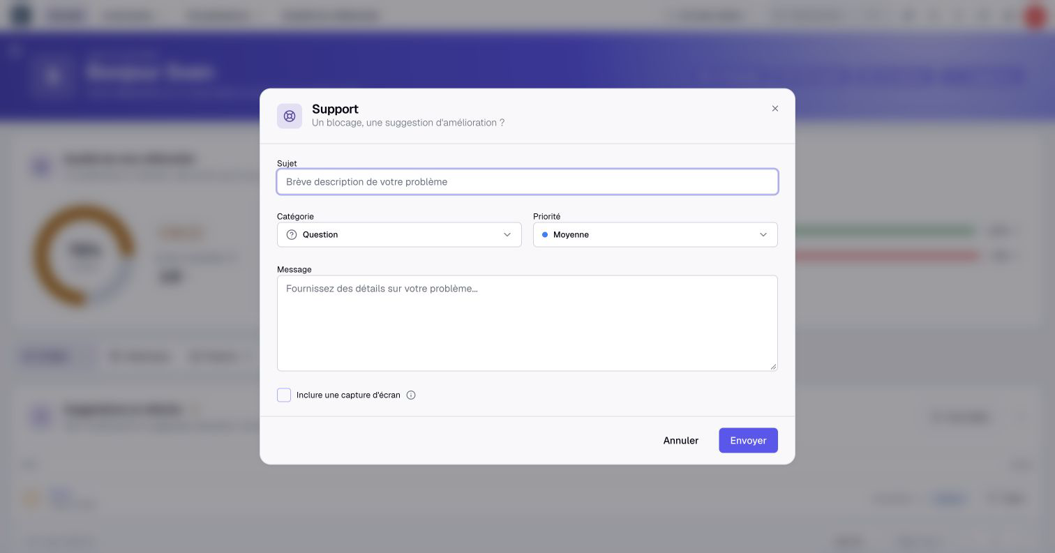 The Support form lets you choose a category and priority. Attaching a screenshot is optional.