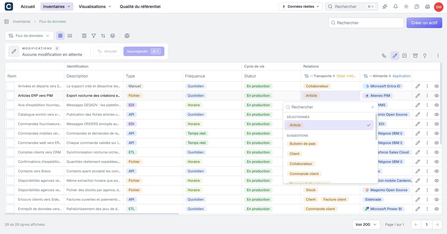 A relationship cell open: search for an asset or pick one from the list.